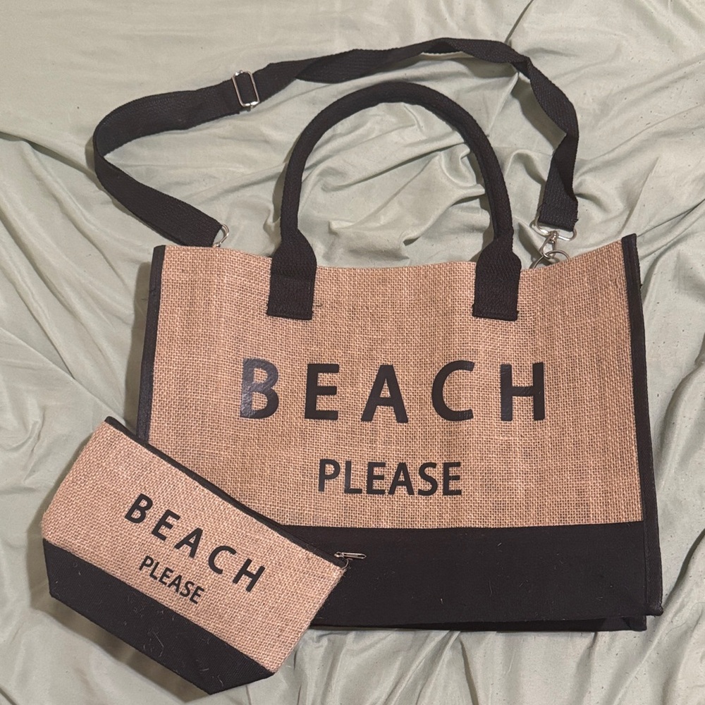Beach Please Jute Tote Bag Set - Black and Tan